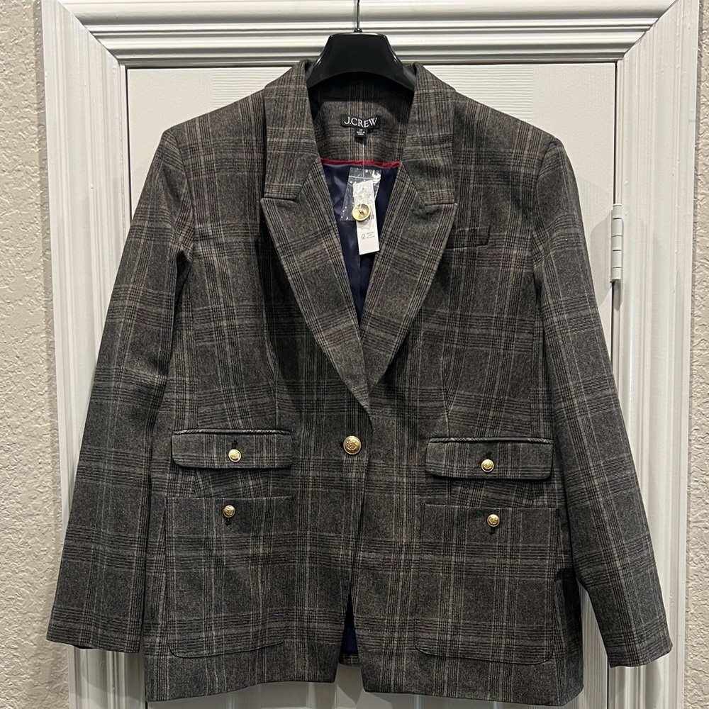 J. Crew Vivienne Gray Plaid Blazer with Gold Accents - color brown multi CC424